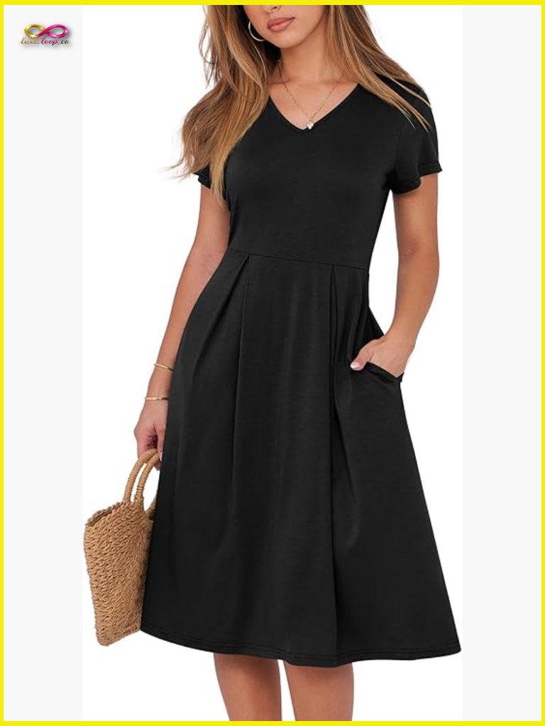 Women’s Midi Dress V Neck Short Sleeve A-Line Pleated Flowy Summer Casual With